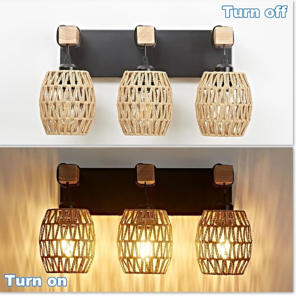 Hand Woven 3-Light Vanity Fixture Over Mirror Beige Rattan Boho Hand Woven NWT